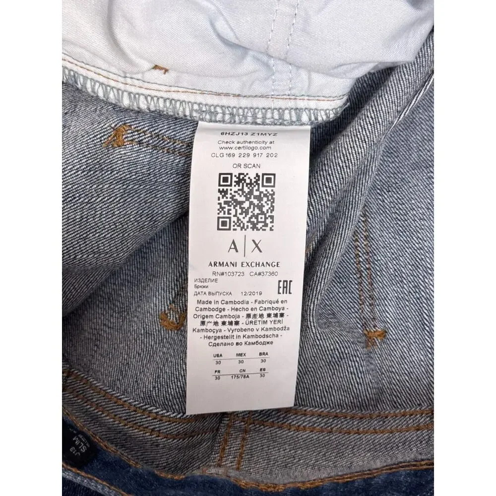 Armani Exchange Jeans 30 x 27 Mens J13 Slim Fit Dark Wash Denim